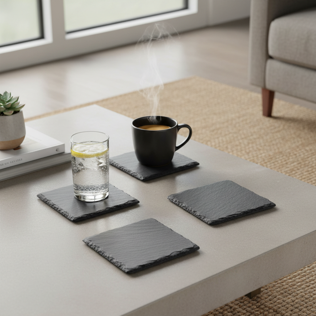 Set of 4 premium slate coasters on modern coffee table
