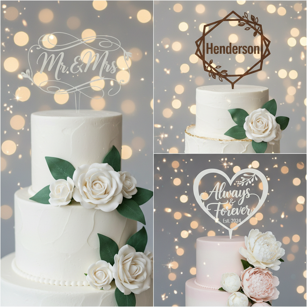 Custom engraved wedding cake topper with elegant script lettering