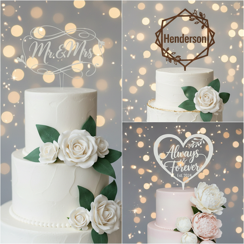 Custom engraved wedding cake topper with elegant script lettering