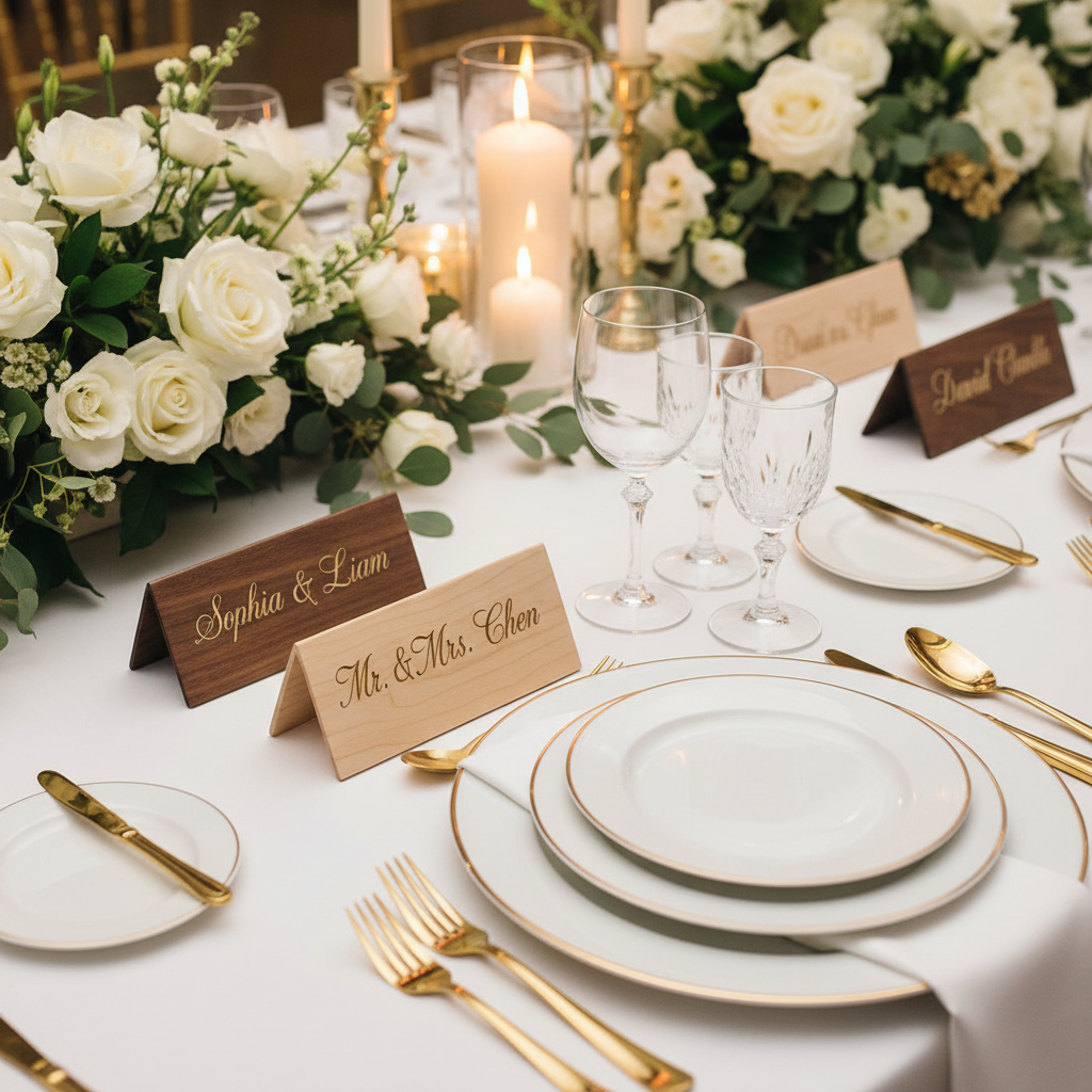 Custom engraved wooden name plates for wedding place settings